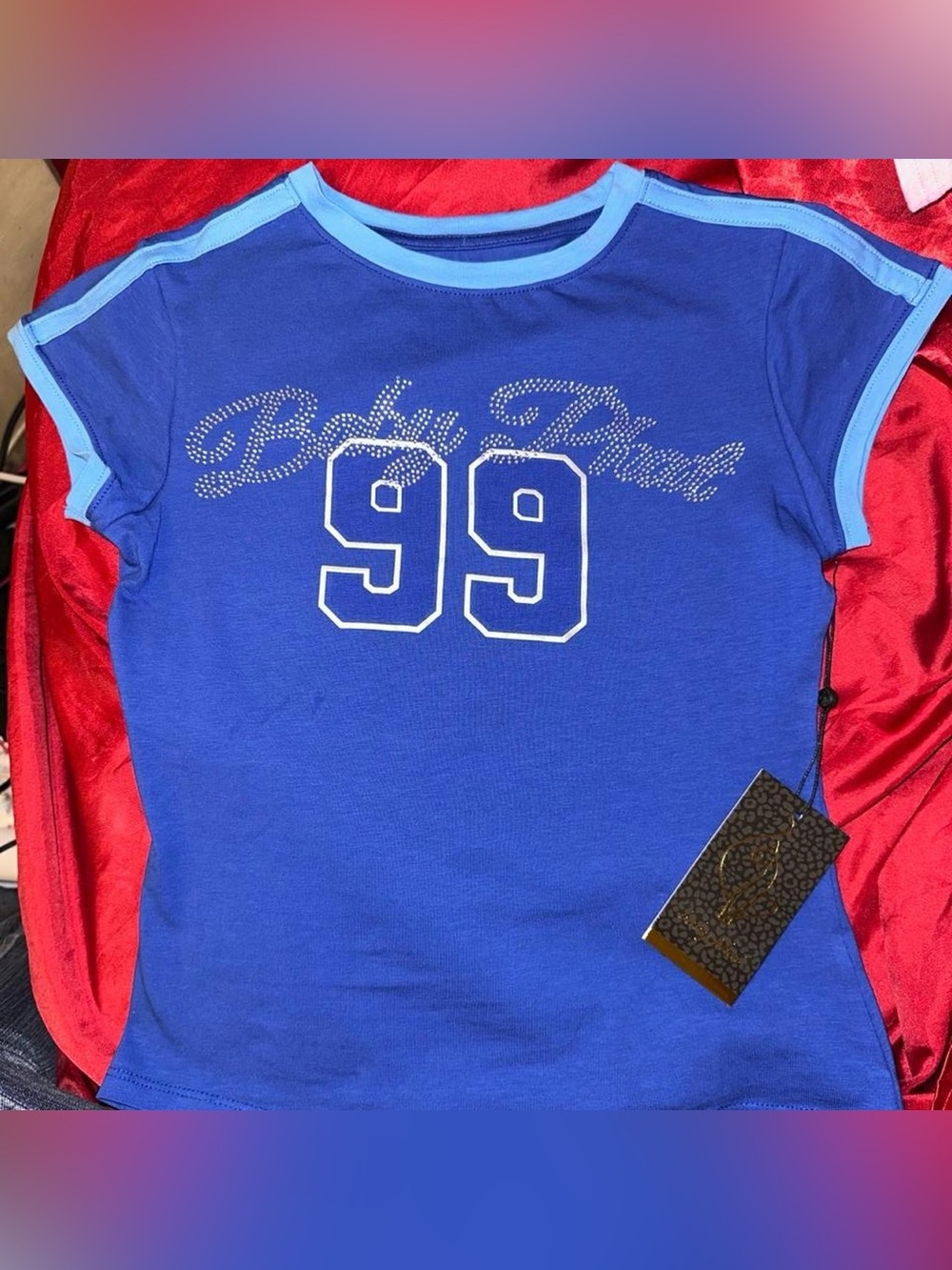 Baby Phat beaded Blue Short Sleeve '99' Graphic baby Tee with Light Blue Trim
